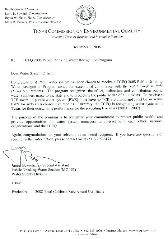 2007 Texas Commission on Environmental Quality Award Letter