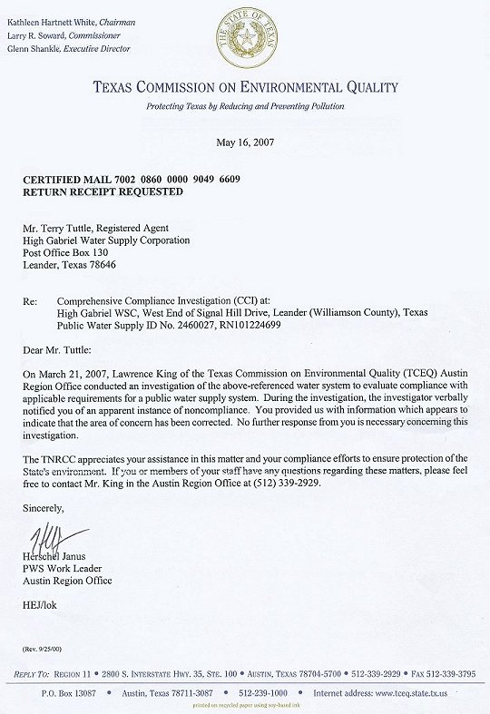 Texas Commission on Environmental Quality 2007 CCI Letter