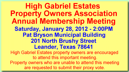 2012 High Gabriel Estates Property Owners Association Annual Meeting - January 28, 2012