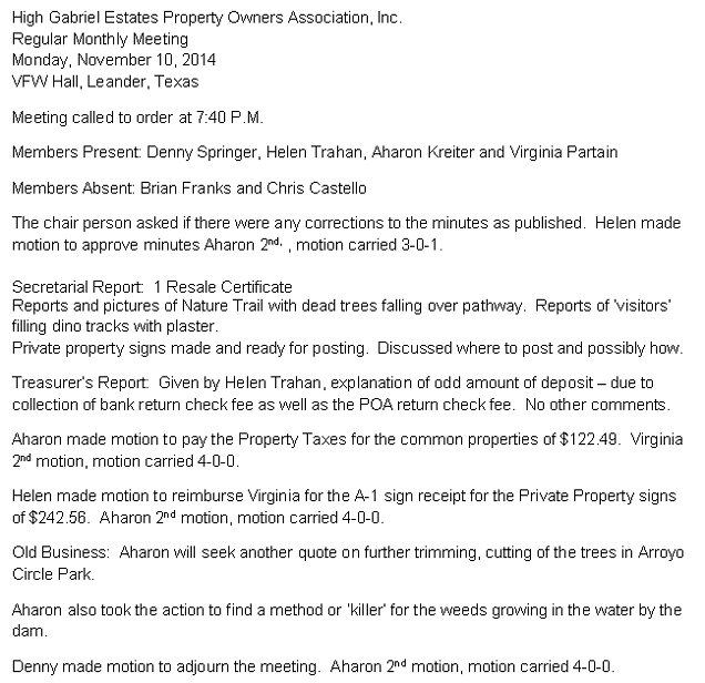 HGEPOA Regular Meeting - November 10, 2014 - Meeting Minutes