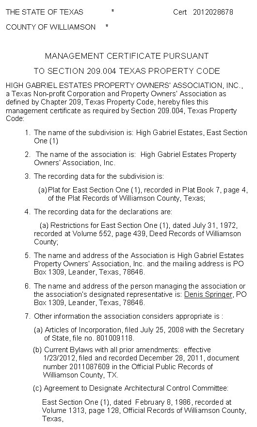 High Gabriel Estates Management Certificate - East 1