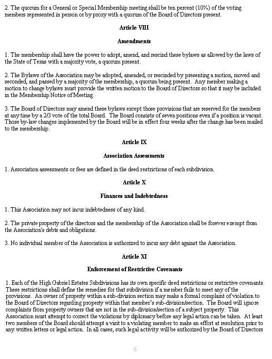 Bylaws High Gabriel Estates Property Owners Association, Leander